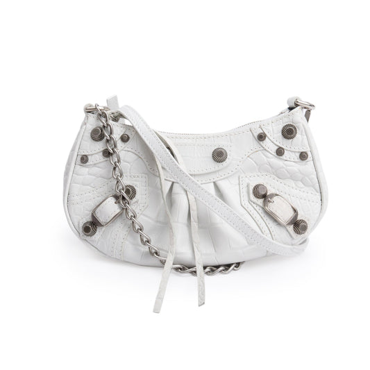 Balenciaga White Crocodile Embossed Leather Mini Le Cagole Crossbody with Chain