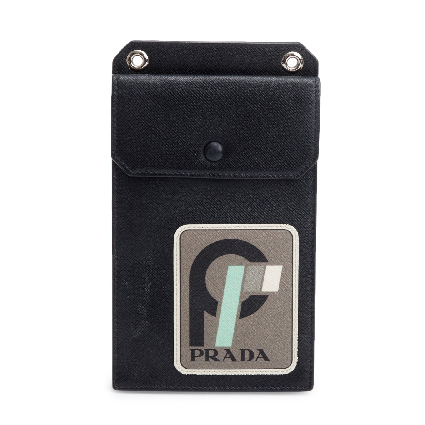 Prada Black Saffiano Lux Leather Racing Logo Patch Phone Pouch Crossbody Bag