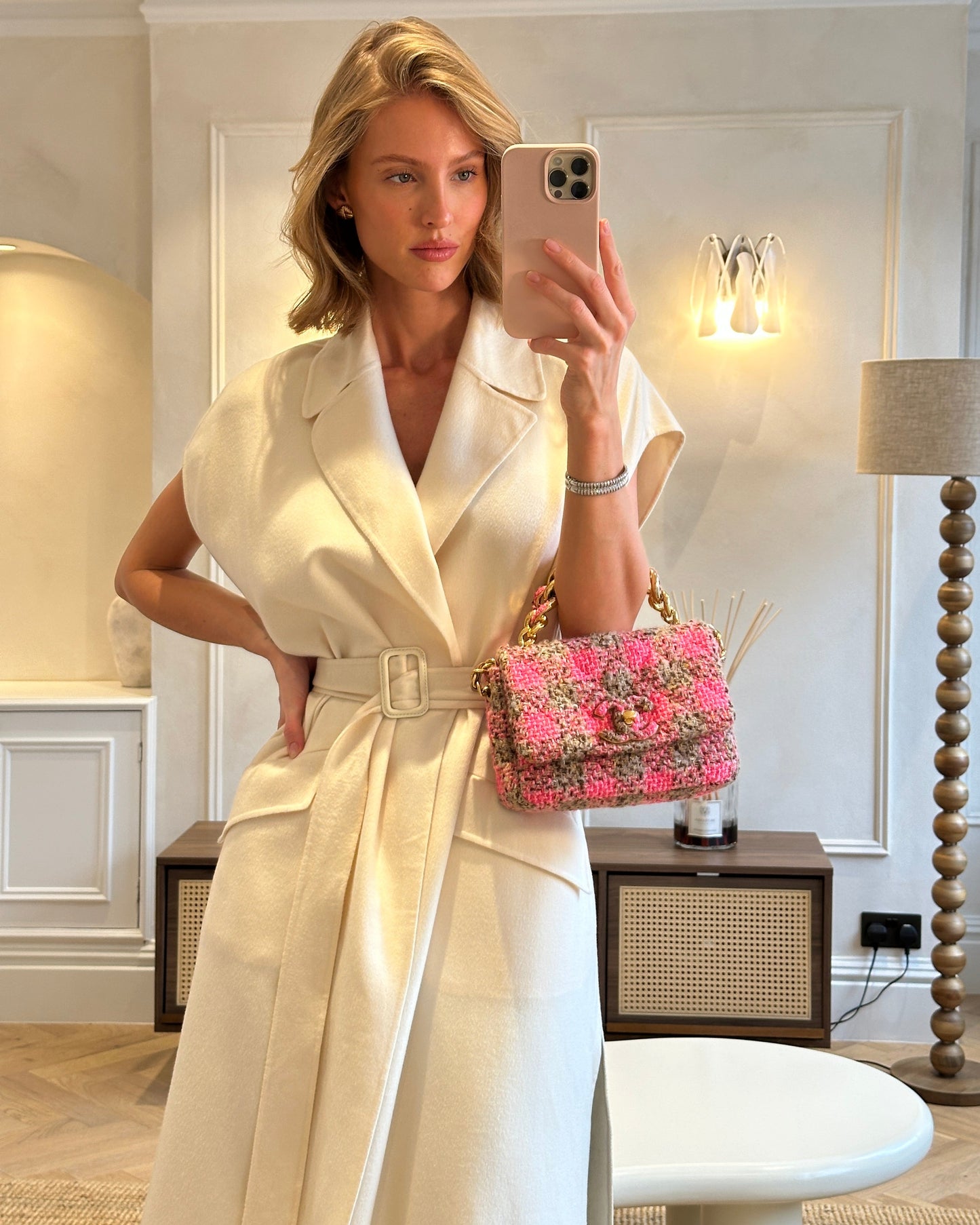 Chanel Mini 19 Flap Bag in Pink, Beige Check Tweed with Gold Hardware and Chunky Gold Chain Handle