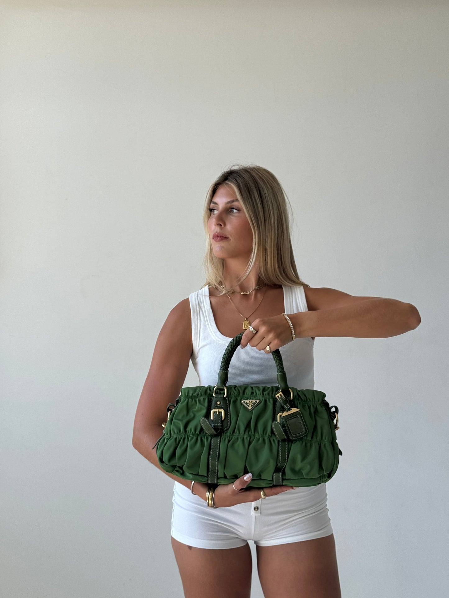 Prada Green Tessuto Gaufre Satchel Bag (with extension strap)