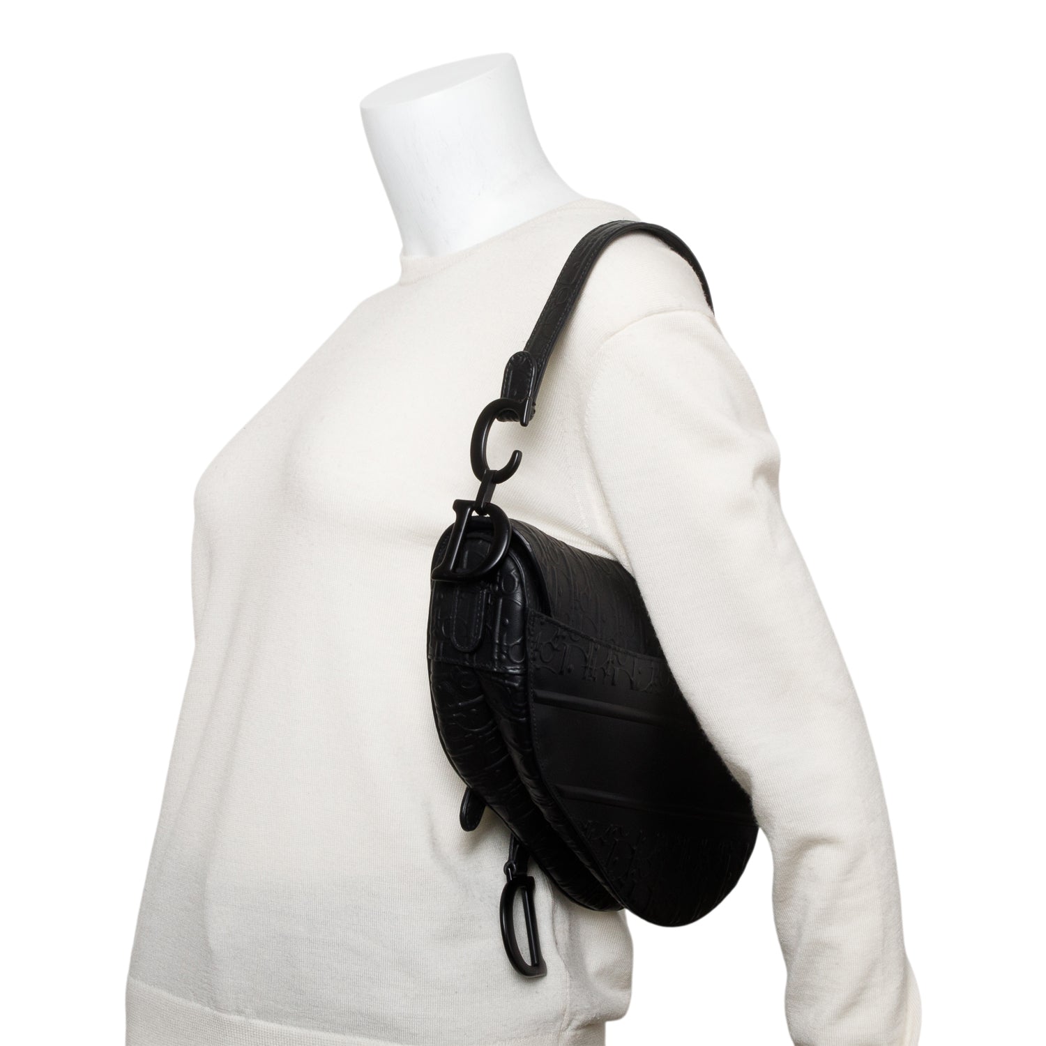 Christian 2022 Dior Black Oblique Embossed Calfskin Leather Saddle Bag