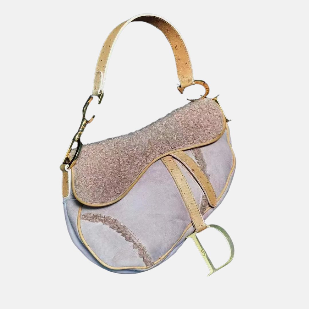 Dior Saddle Shoulder Bag Medium Shearling and Ostrich Leather Pink