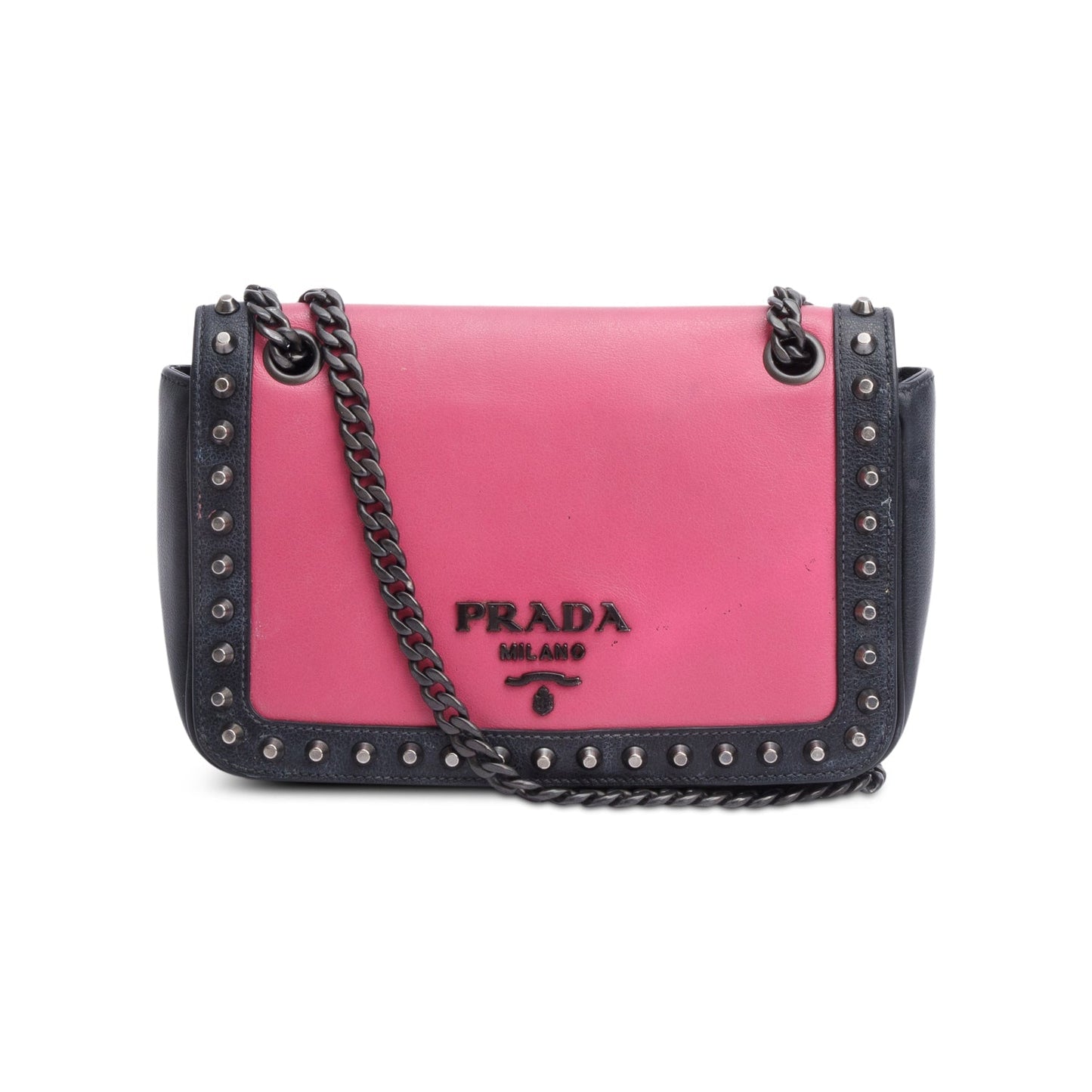 Prada Pink/Black Glace Calf Leather Studded Camera Crossbody Bag