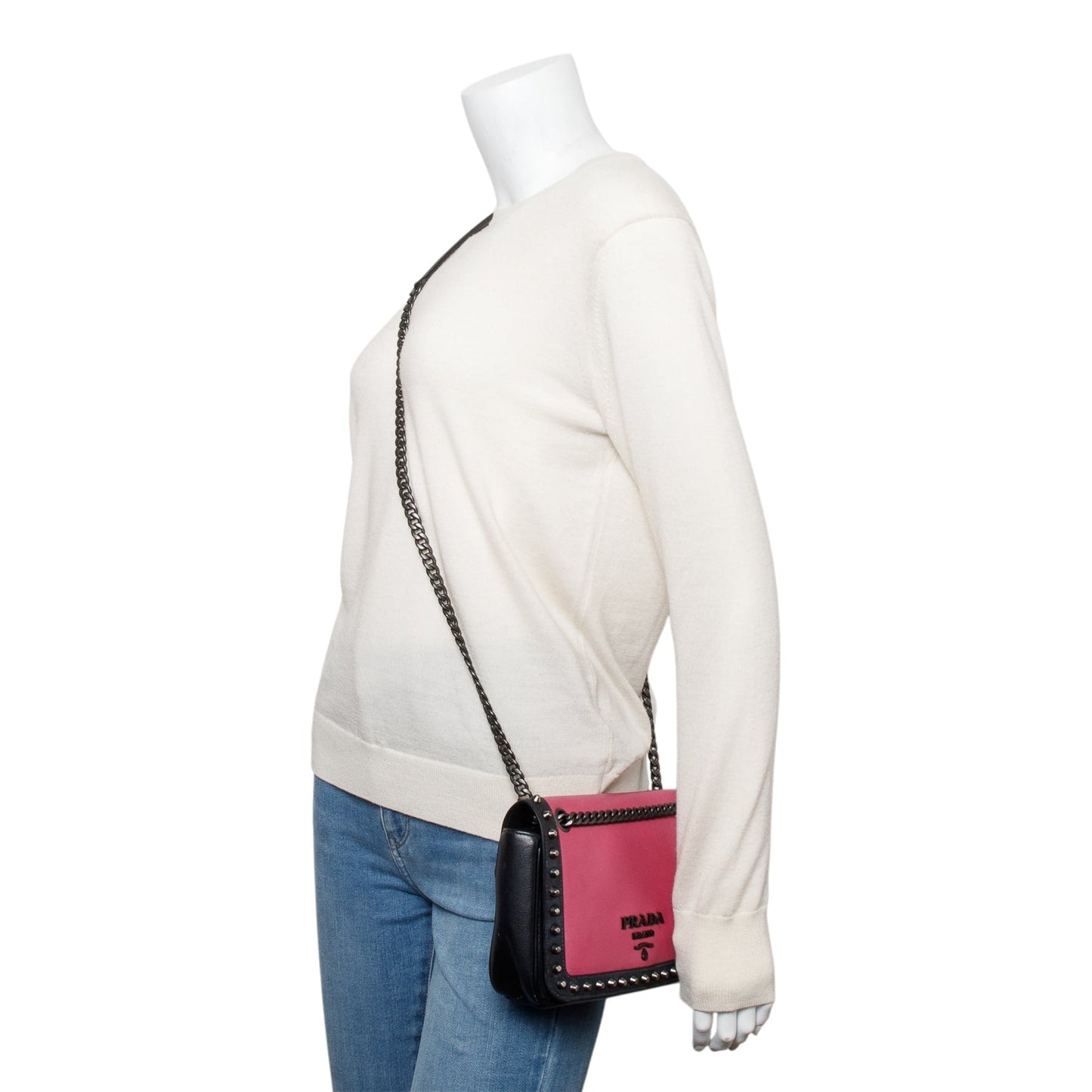Prada Pink/Black Glace Calf Leather Studded Camera Crossbody Bag
