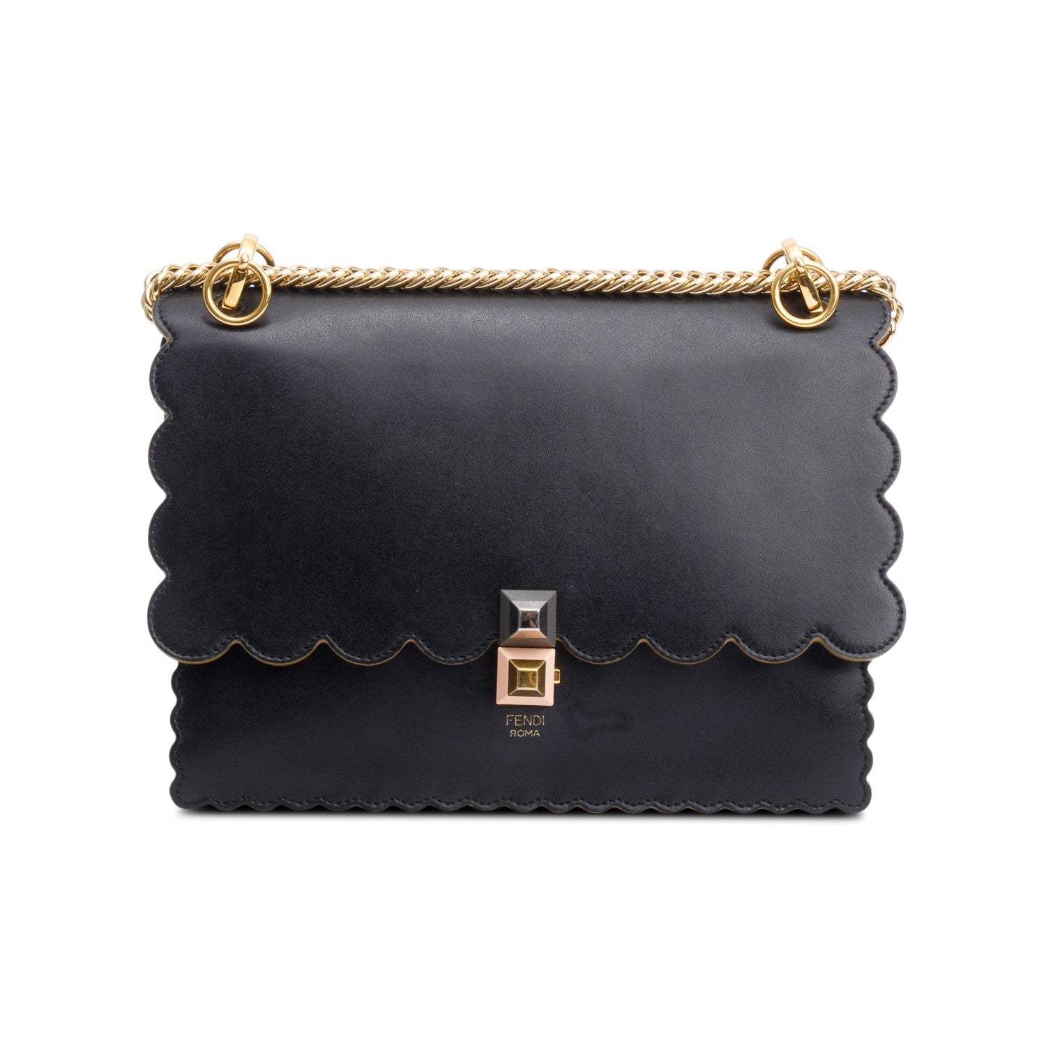 Fendi Black Calfskin Leather Medium Kan I Scallop Shoulder Bag
