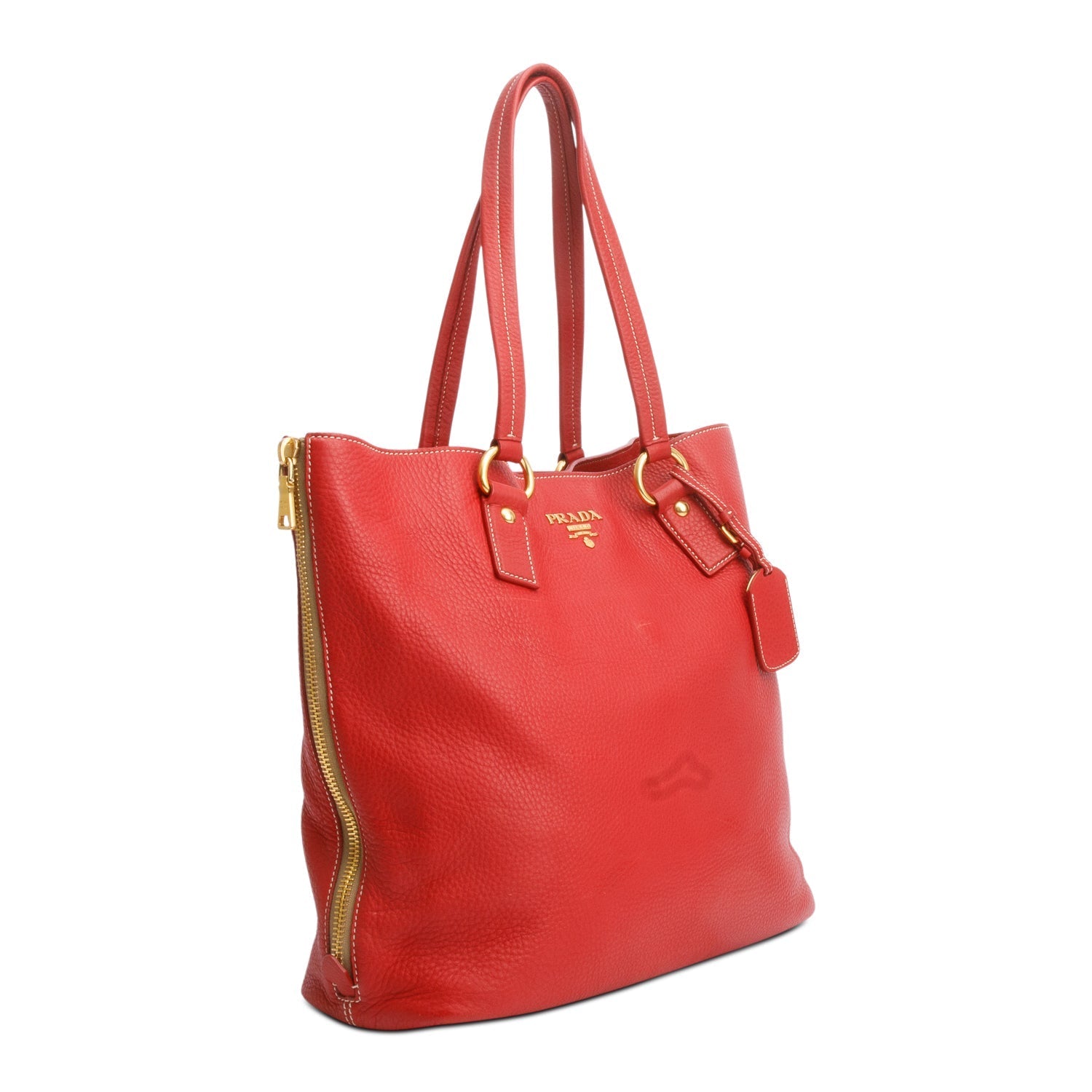 Prada Red Vitello Daino Leather Side Zip Tote