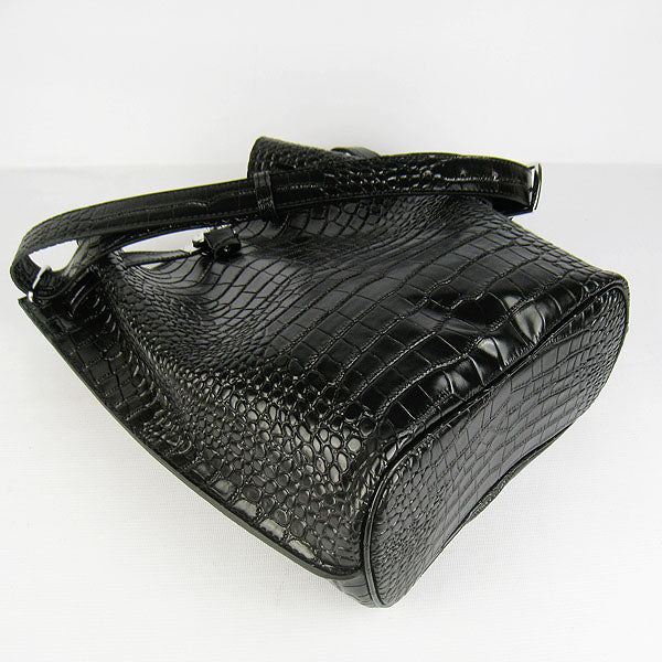 Luxury Hermes Crocodile Vein Shoulder Bag Black Silver