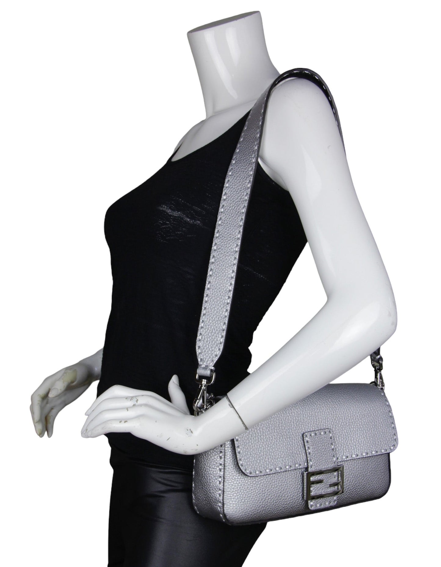 Fendi Silver Selleria Leather Baguette Bag w/ Oversized Topstitching