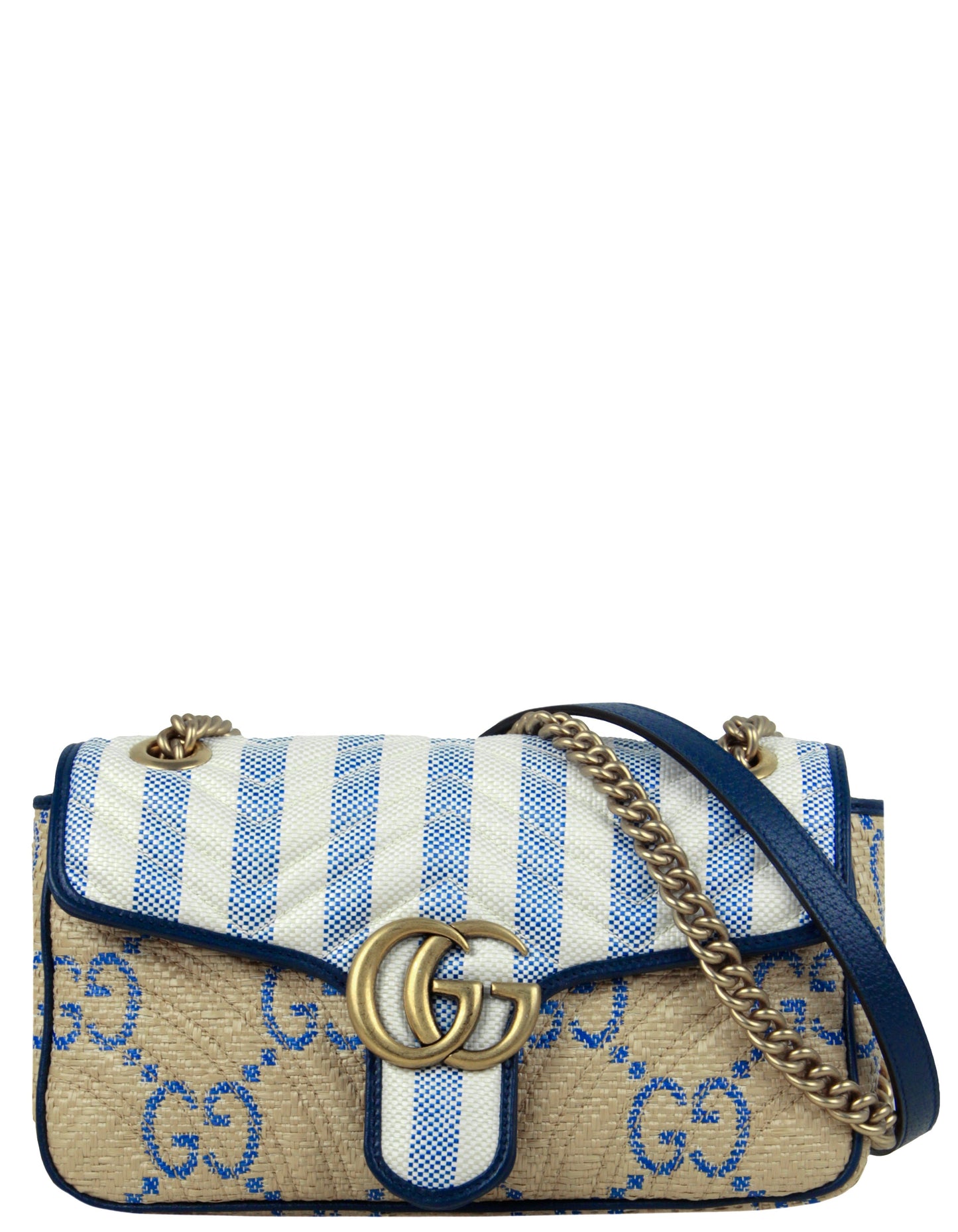 Gucci Blue/ Natural Small Gg Matelasse Marmont 2.0 Raffia Shoulder Bag