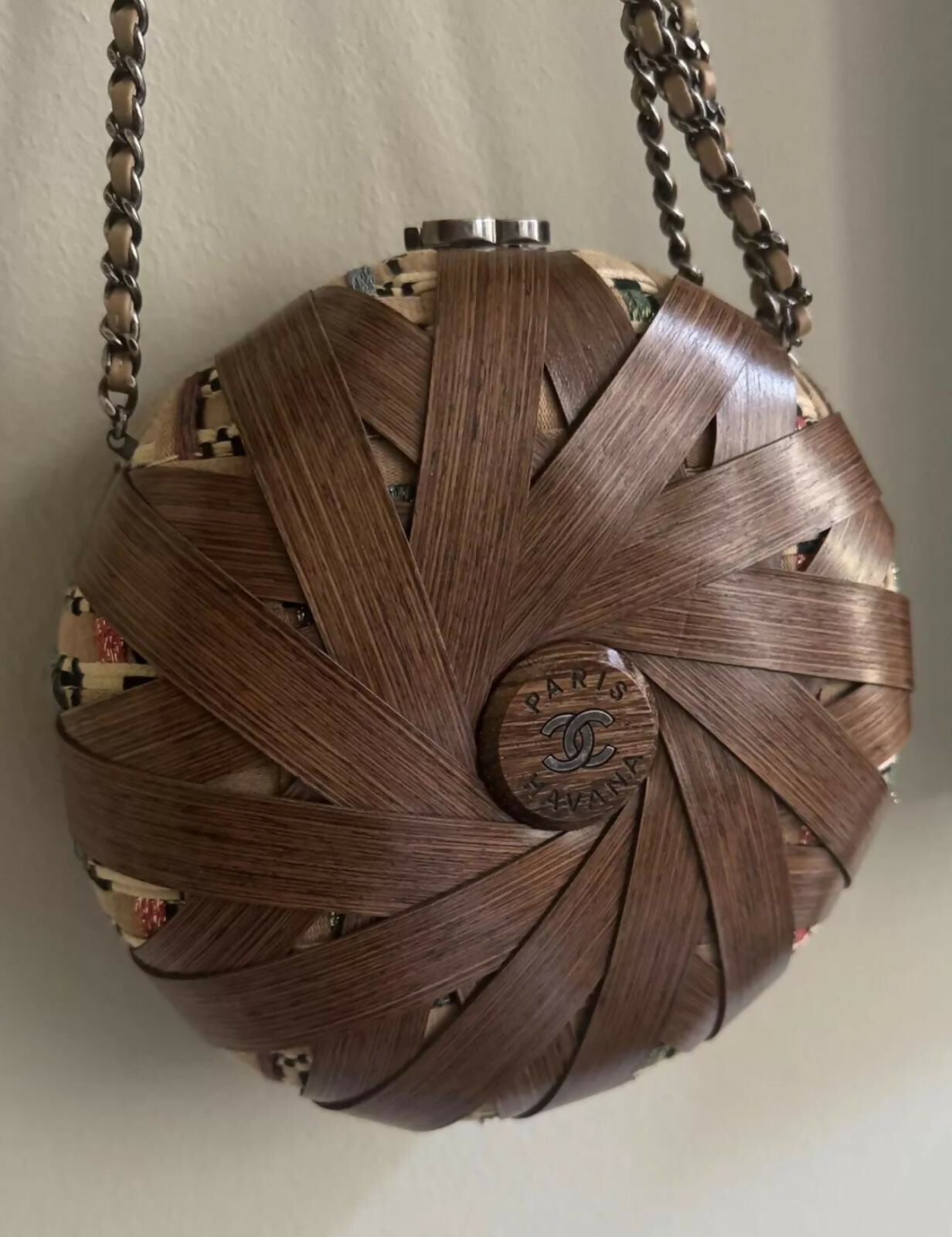Chanel Havana By Night  Round Woven Wood and Tweed MinaudiÃ¨re