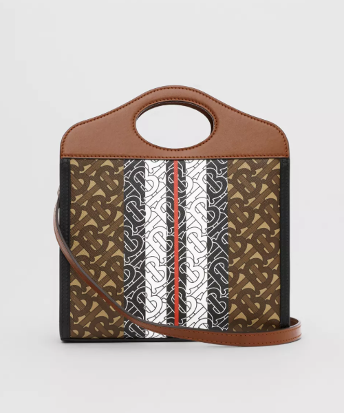 Burberry Mini Monogram Stripe E-Canvas Pocket Bag Bridle Brown