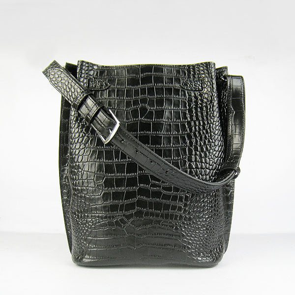 Luxury Hermes Crocodile Vein Shoulder Bag Black Silver