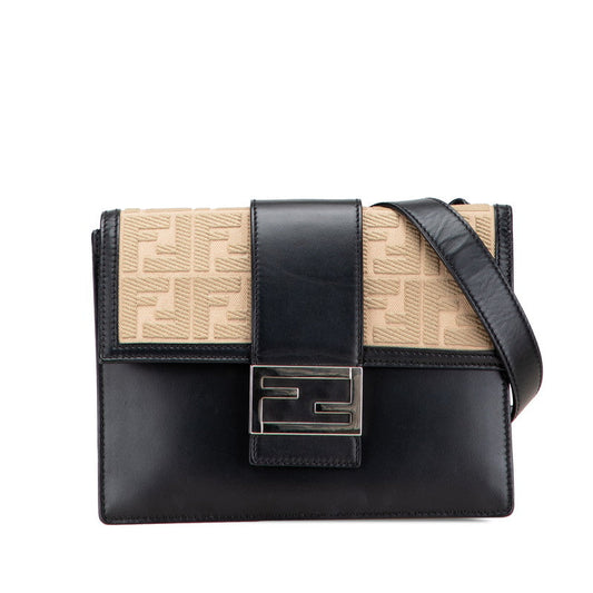Fendi Flat Baguette Leather Canvas Shoulder Bag