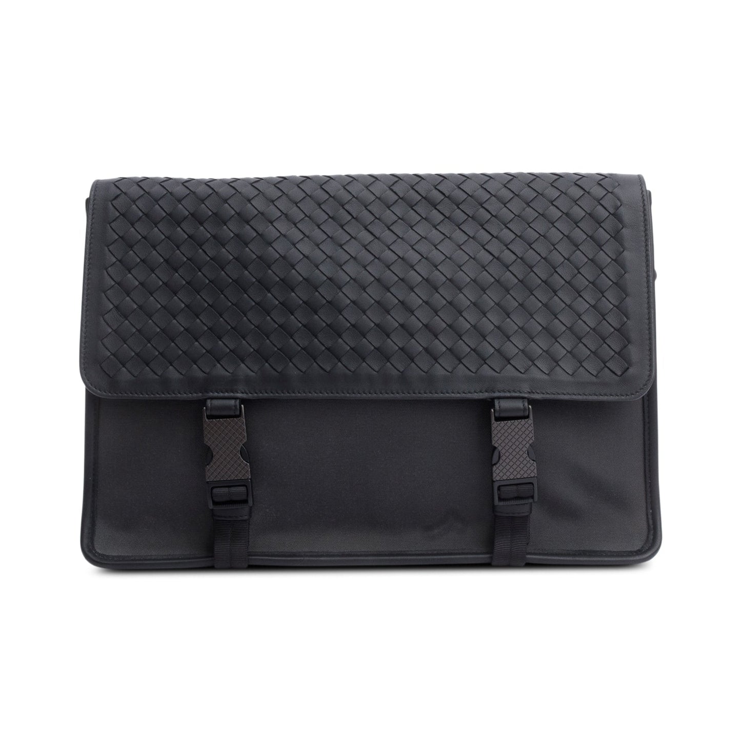 Bottega Veneta Black Intrecciato Leather Canvas Flap Messenger Bag