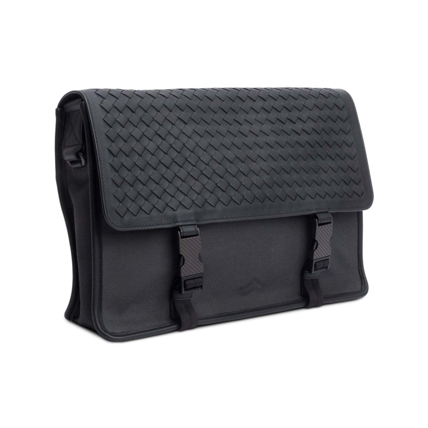Bottega Veneta Black Intrecciato Leather Canvas Flap Messenger Bag