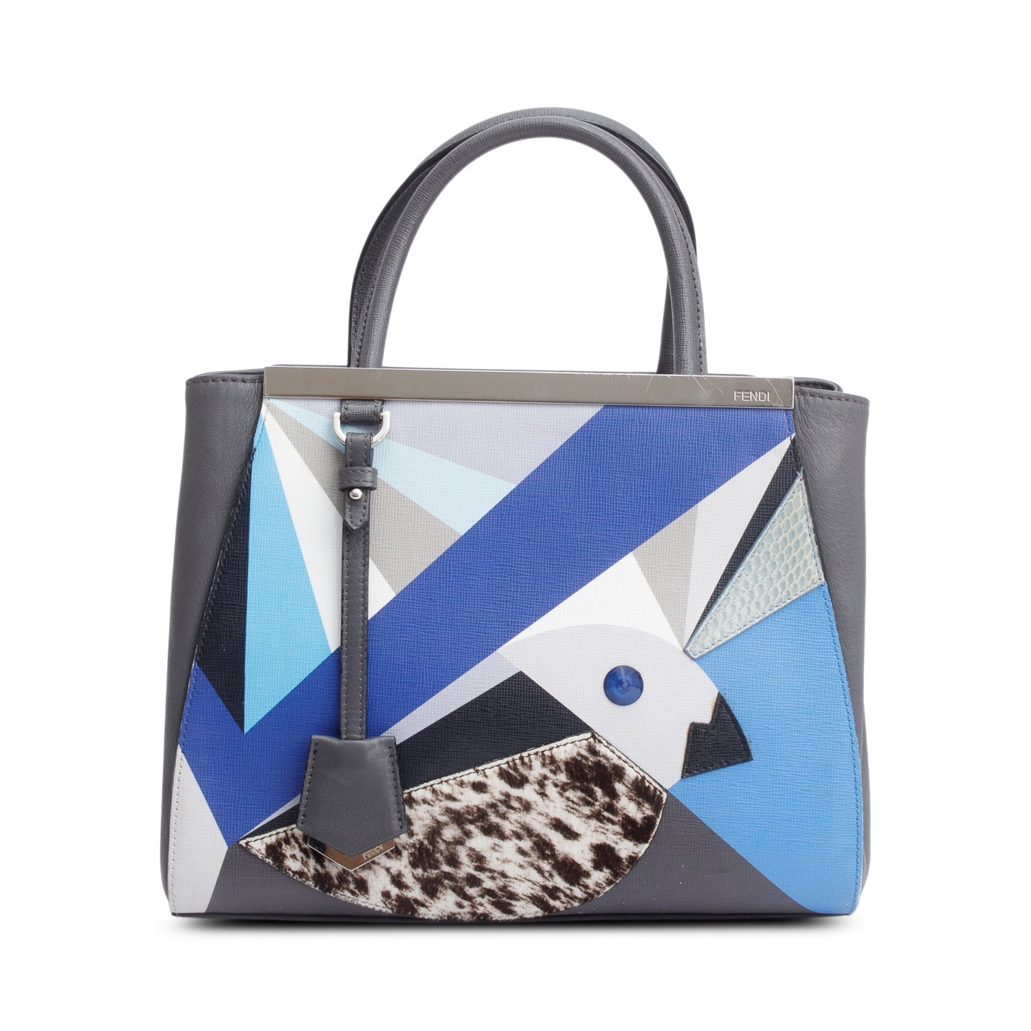Fendi Grey Vitello Elite Leather Pony Hair & Python Trim Bird Petite 2Jours Tote