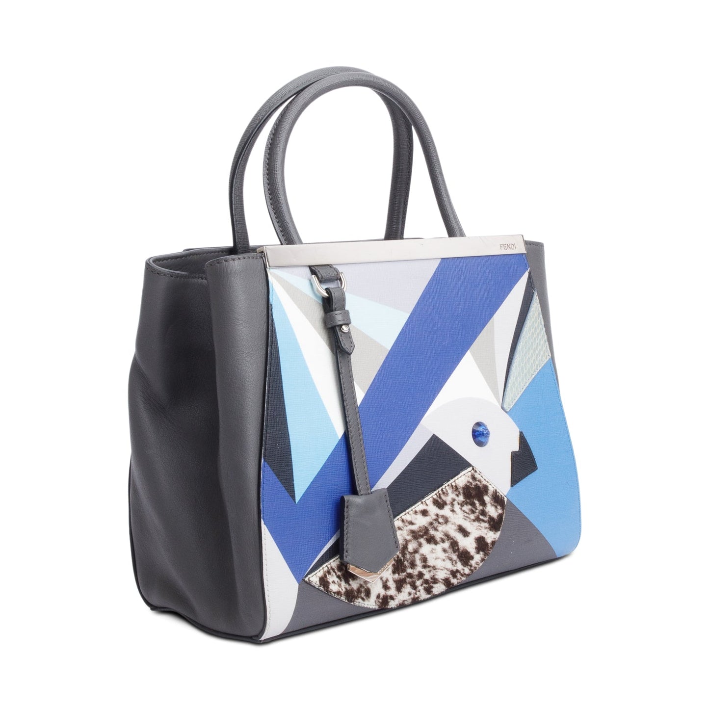 Fendi Grey Vitello Elite Leather Pony Hair & Python Trim Bird Petite 2Jours Tote