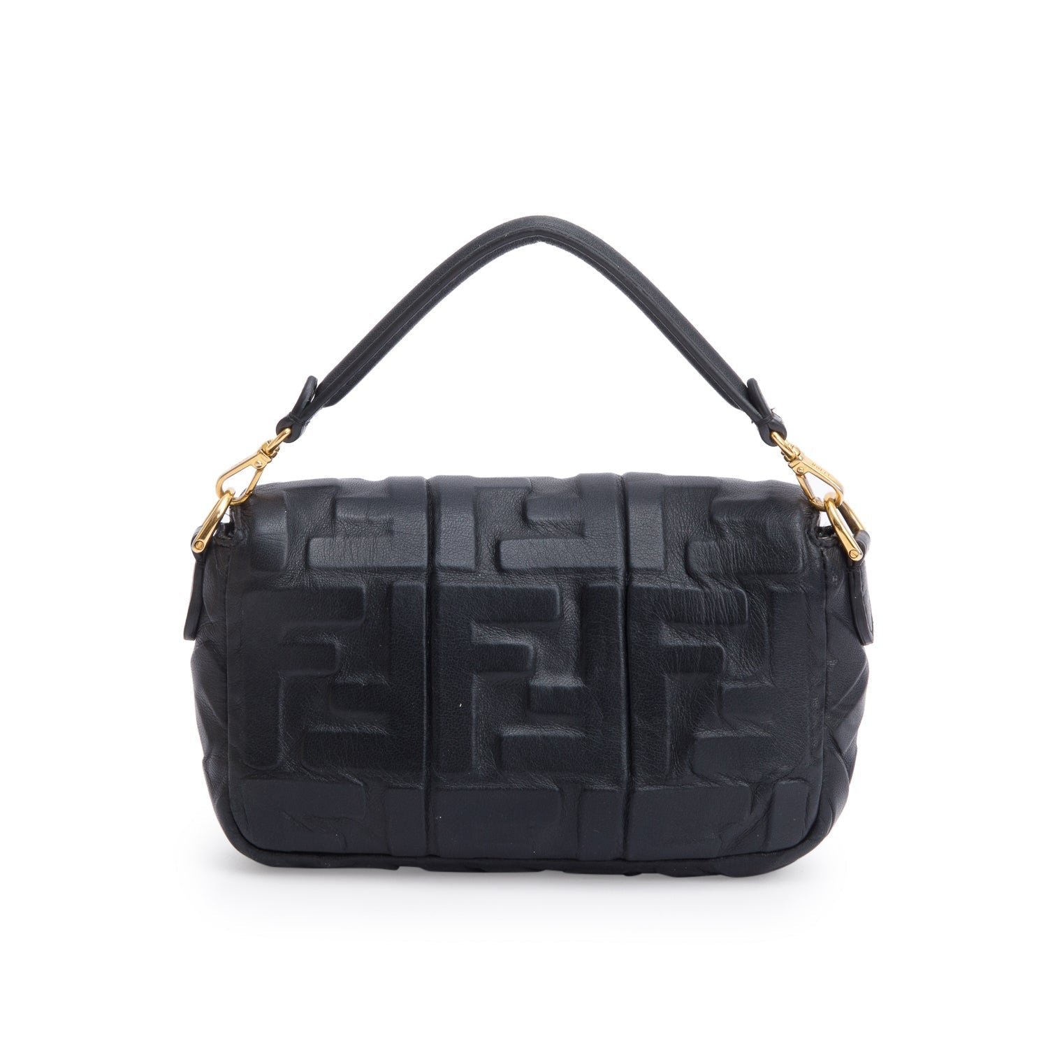 Fendi Black FF Embossed Nappa Leather Mini Be Baguette Bag