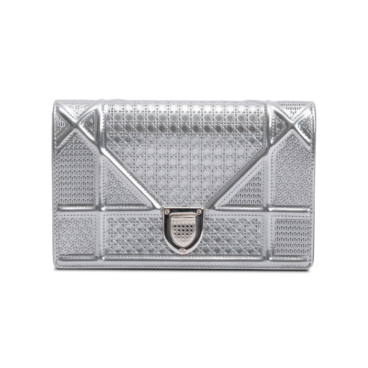 Christian Dior Metallic Silver Microcannage Patent Leather Diorama Wallet on Chain