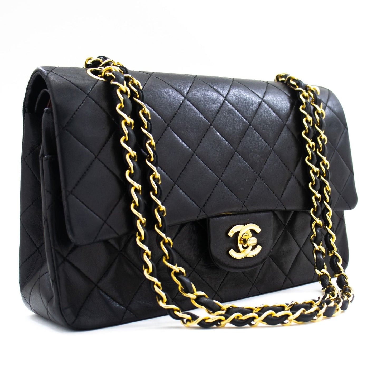CHANEL Classic Double Flap 10" Chain Shoulder Bag Black Lambskin