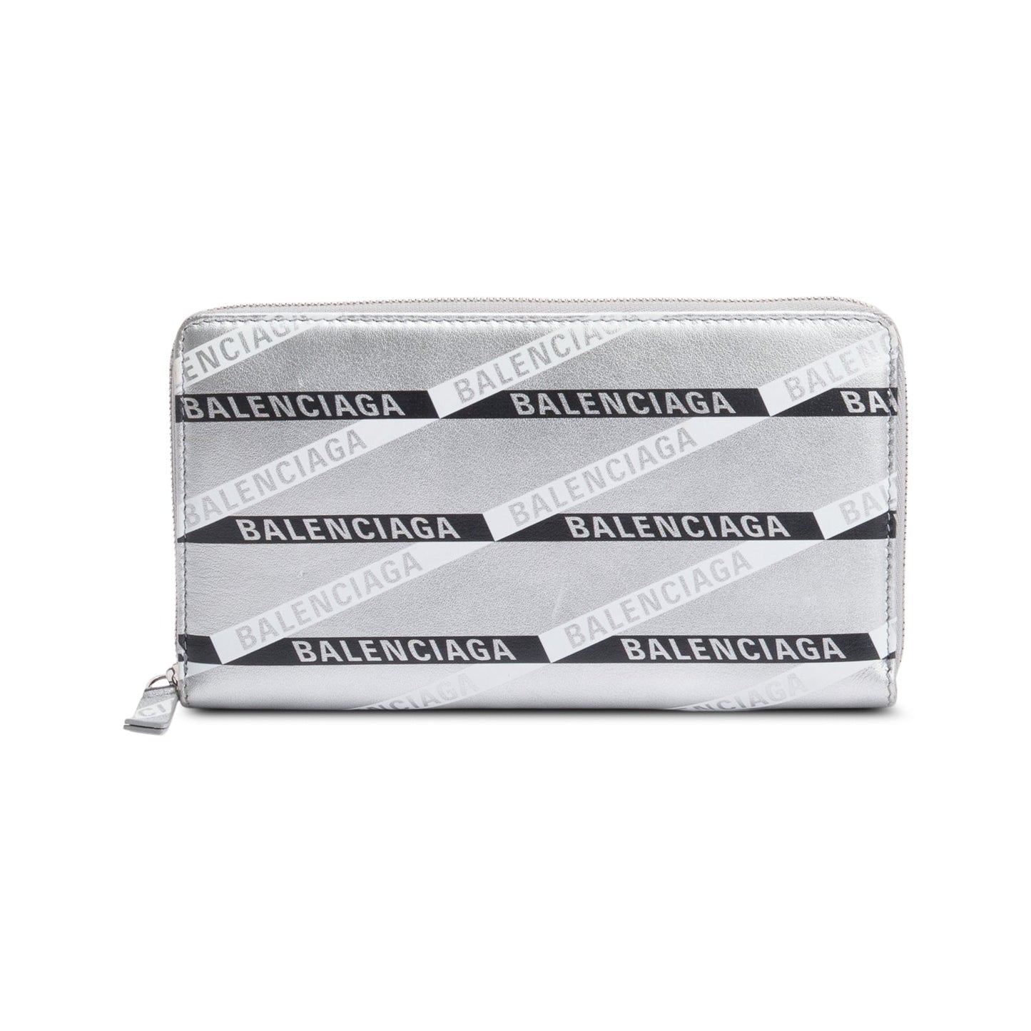 Balenciaga Metallic Silver Logo Print Calfskin Leather Everyday Zip Around Wallet