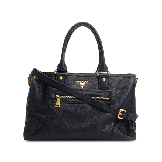 Prada Black Vitello Daino Leather Zip Convertible Tote
