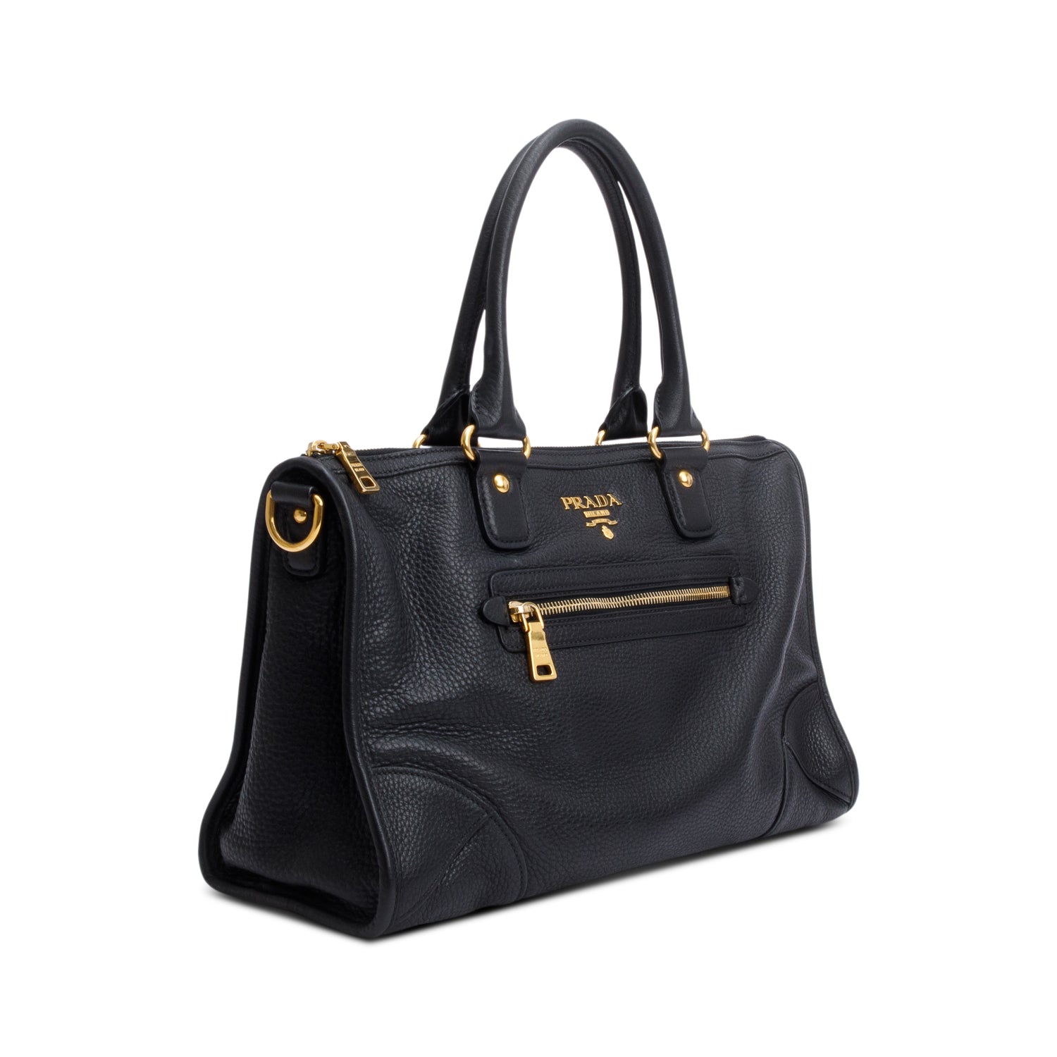 Prada Black Vitello Daino Leather Zip Convertible Tote