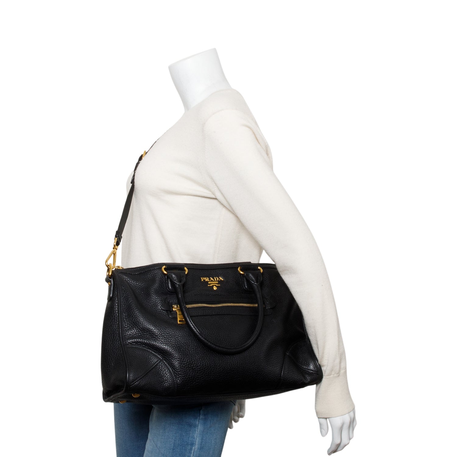 Prada Black Vitello Daino Leather Zip Convertible Tote