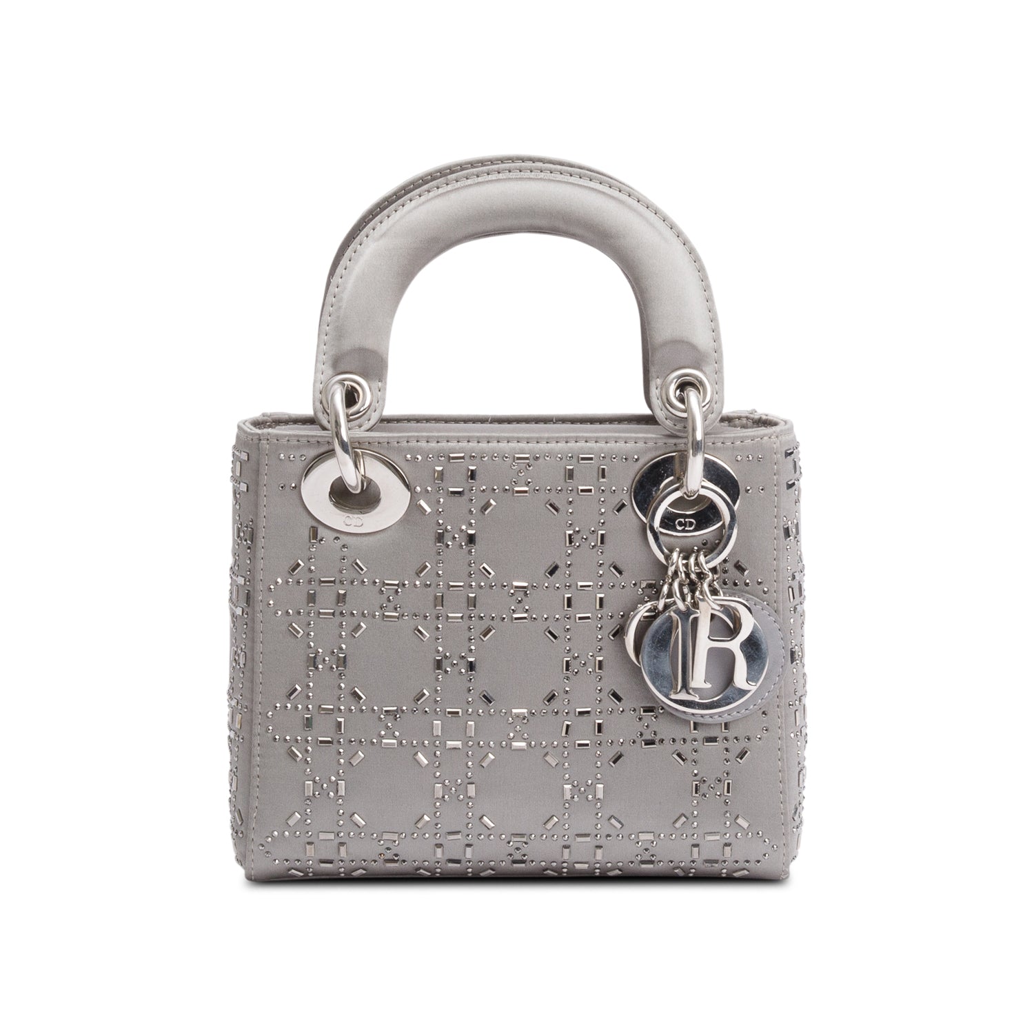 Christian Dior Grey Cannage Satin Crystal Embellished Mini Lady Dior Bag