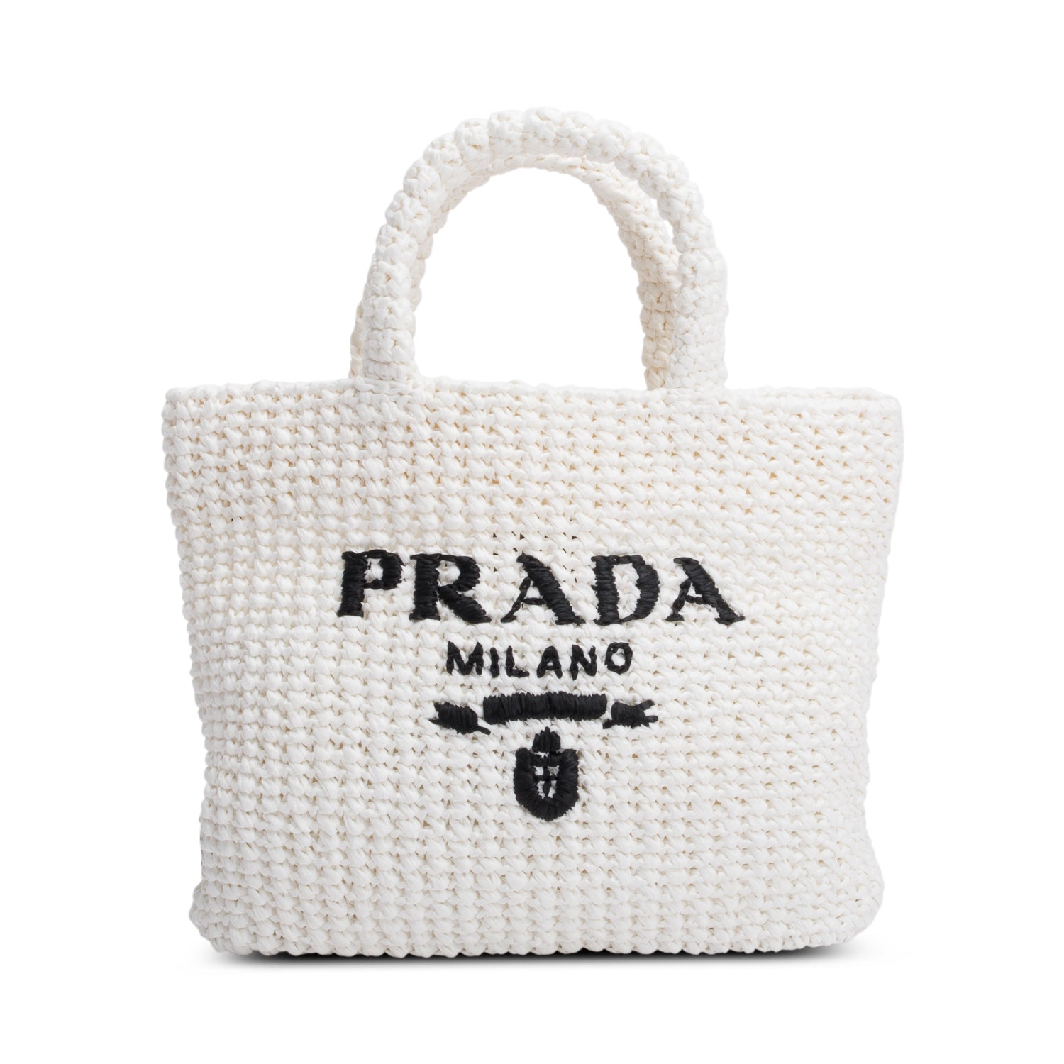 Prada White Crochet Raffia Small Logo Tote