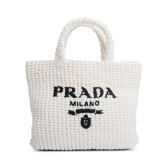 Prada White Crochet Raffia Small Logo Tote