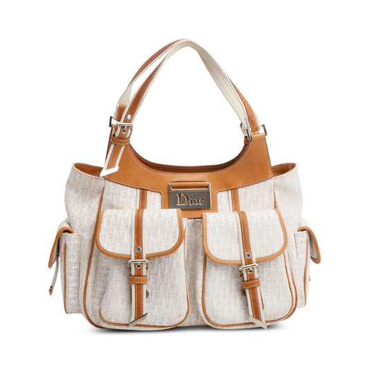 Christian Dior White Diorissimo Tan Leather Multi-Pocket Tote