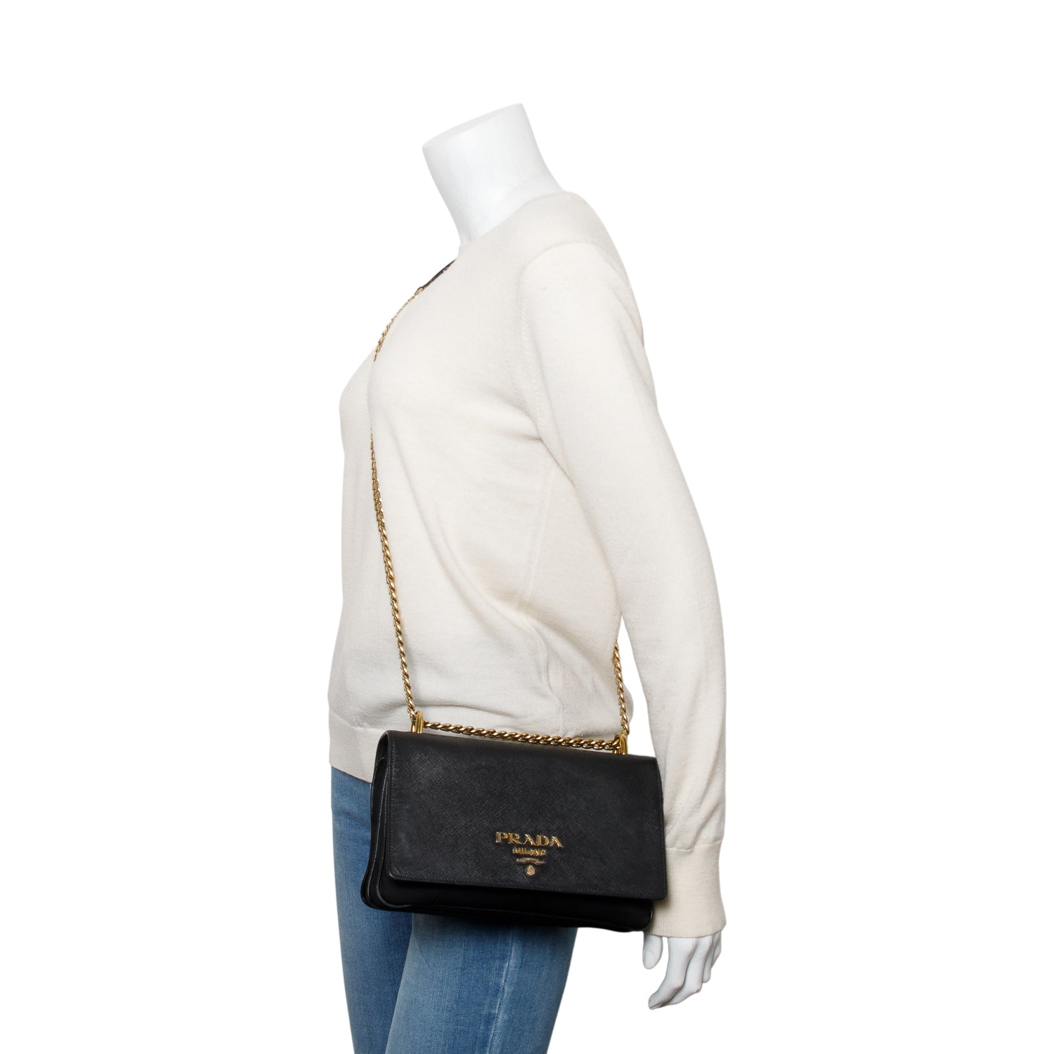 Prada Black Saffiano Lux Tessuto Nylon Flap Chain Crossbody Bag