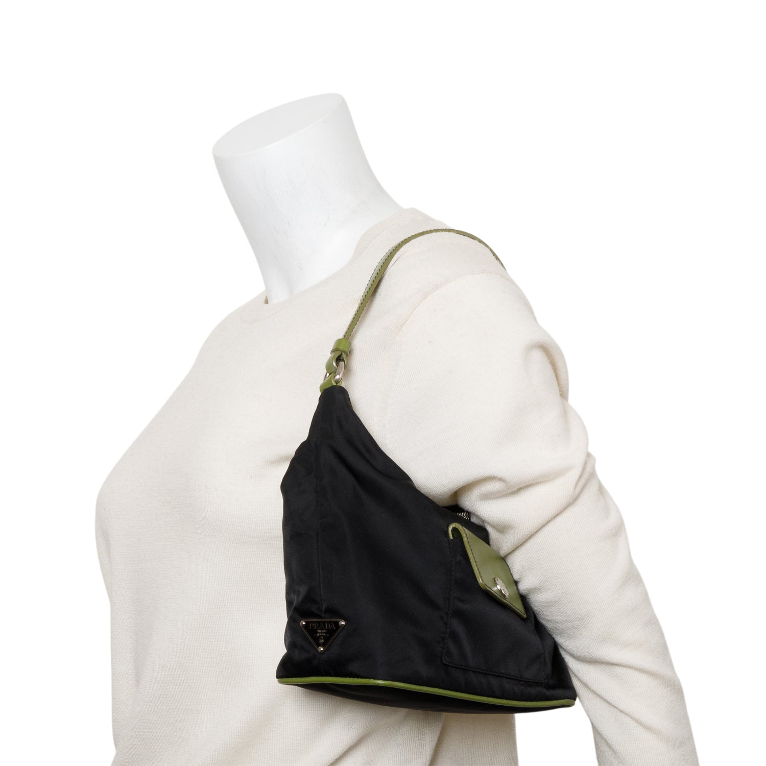 Prada Black Tessuto Green Leather Mini Sirio Pocket Hobo Bag