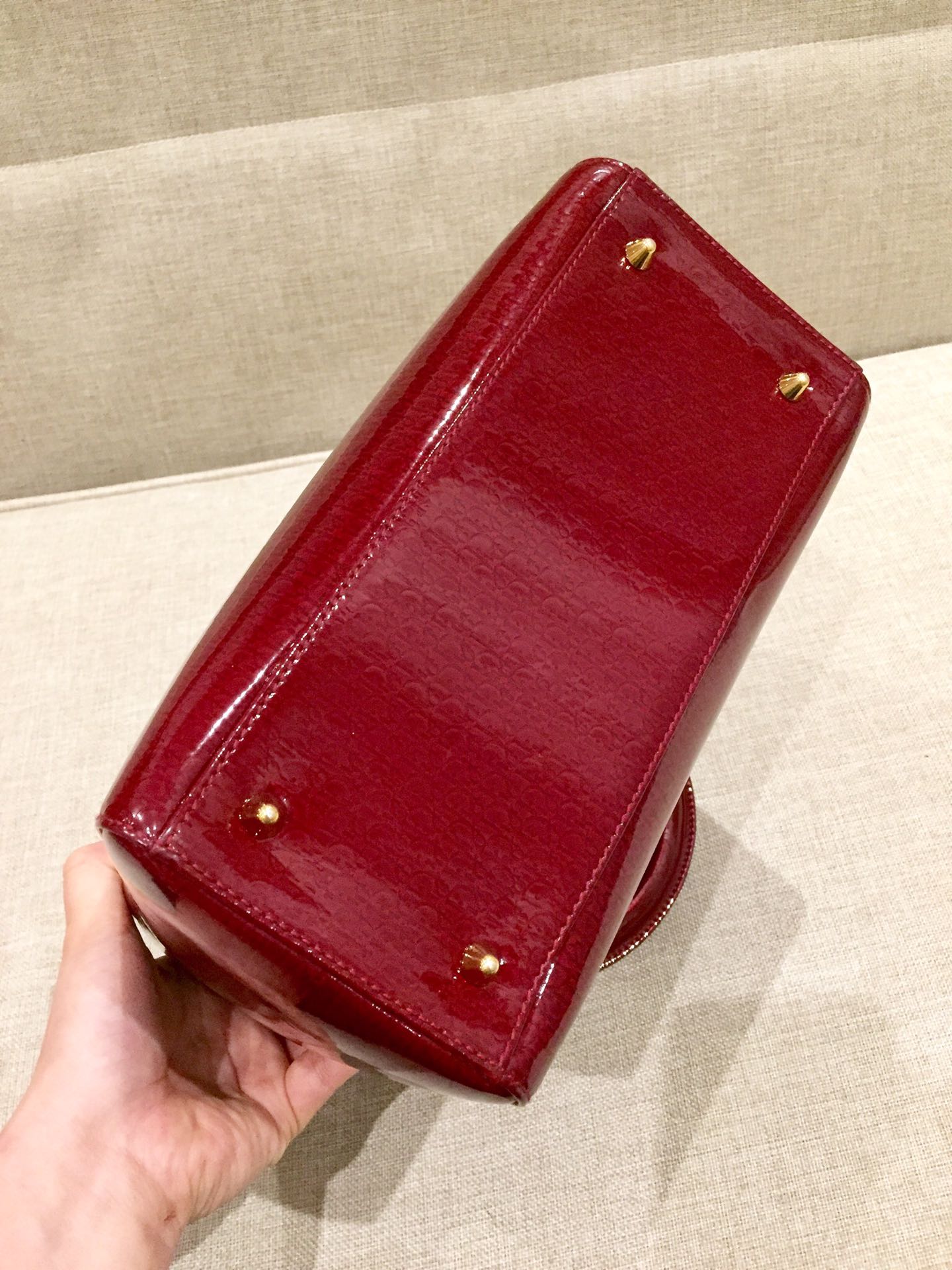 Lady Dior Medium Red Patent Leather Monogram Embossed Handbag Gold Hardware