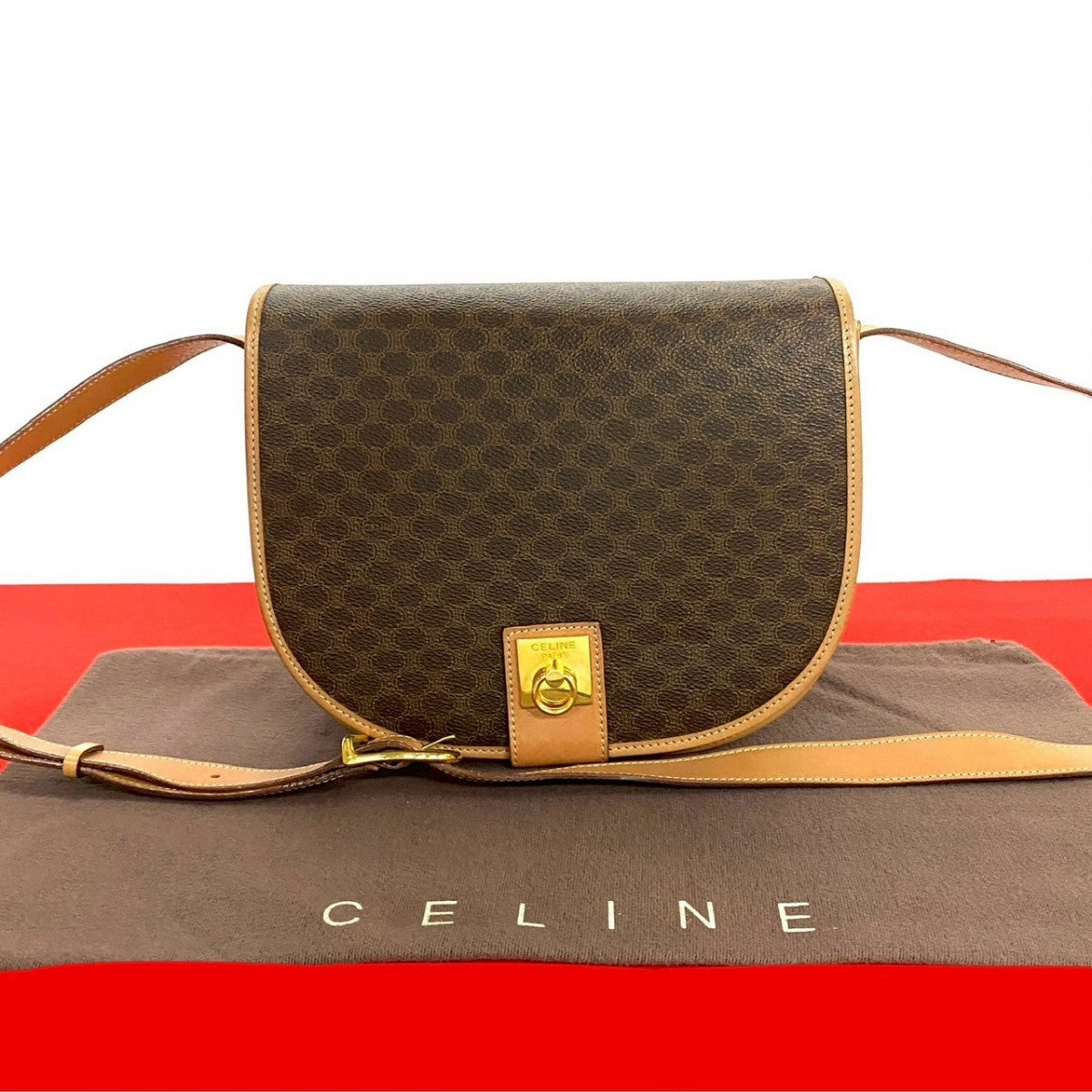 CELINE Shoulder Bag Leather, PVC Brown RingMetal logo Macadam Blason TriomphePattern Women