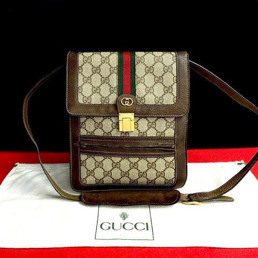 GUCCI Shoulder Bag Leather, PVC Brown GG logo Metal Sherry line Women