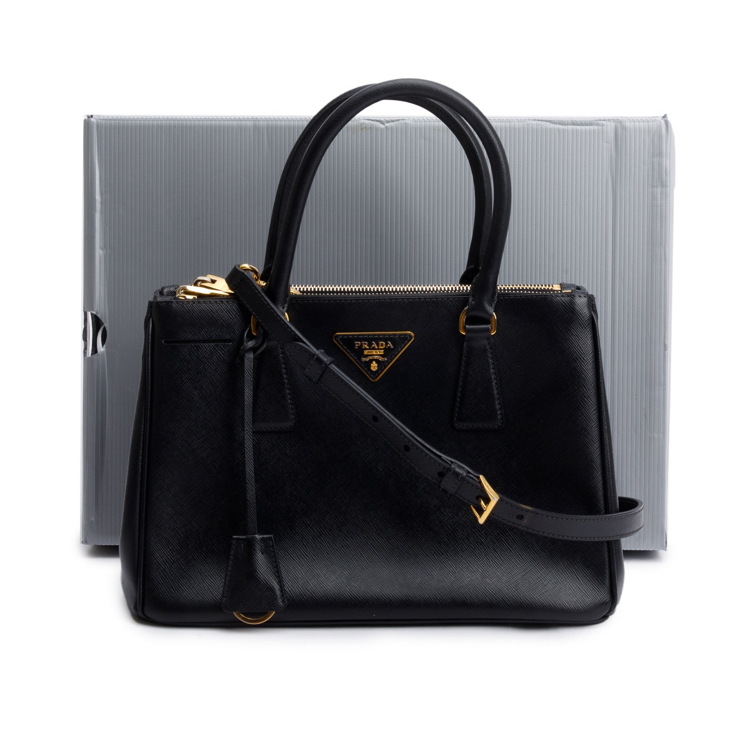Prada Black Saffiano Leather Small Double Zip Galleria Tote