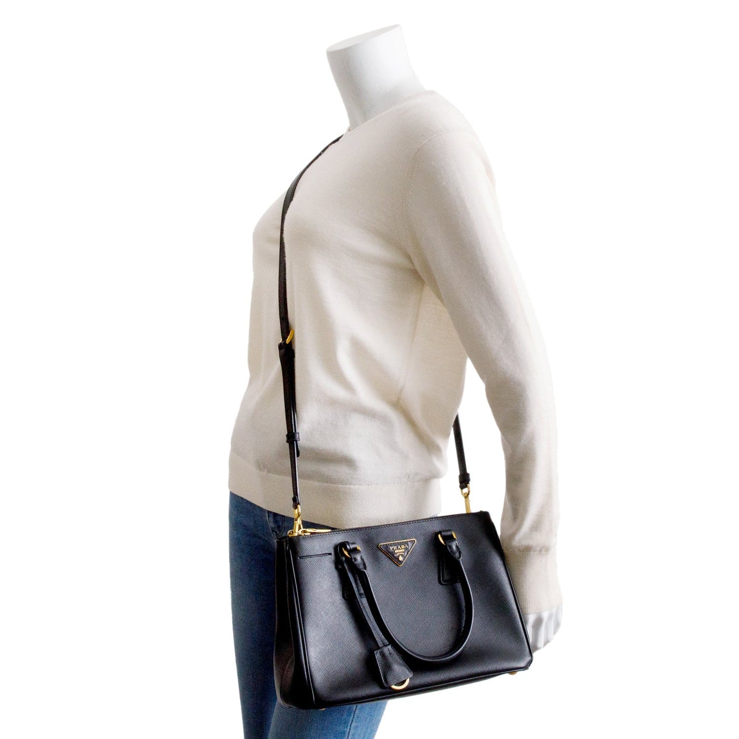 Prada Black Saffiano Leather Small Double Zip Galleria Tote