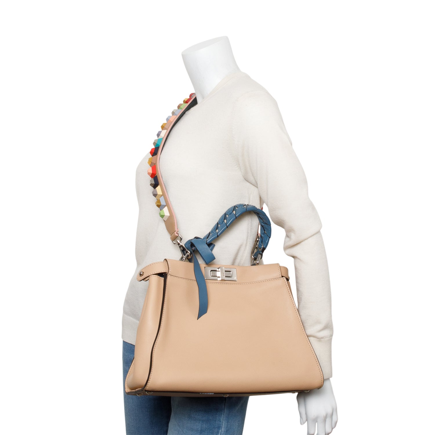 Fendi Beige Calfskin Leather Medium Peekaboo Blue Ribbon Bag