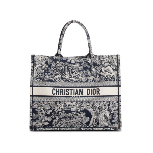 Christian Dior 2022 Large Ecru and Blue Toile de Jouy Embroidery Canvas Book Tote