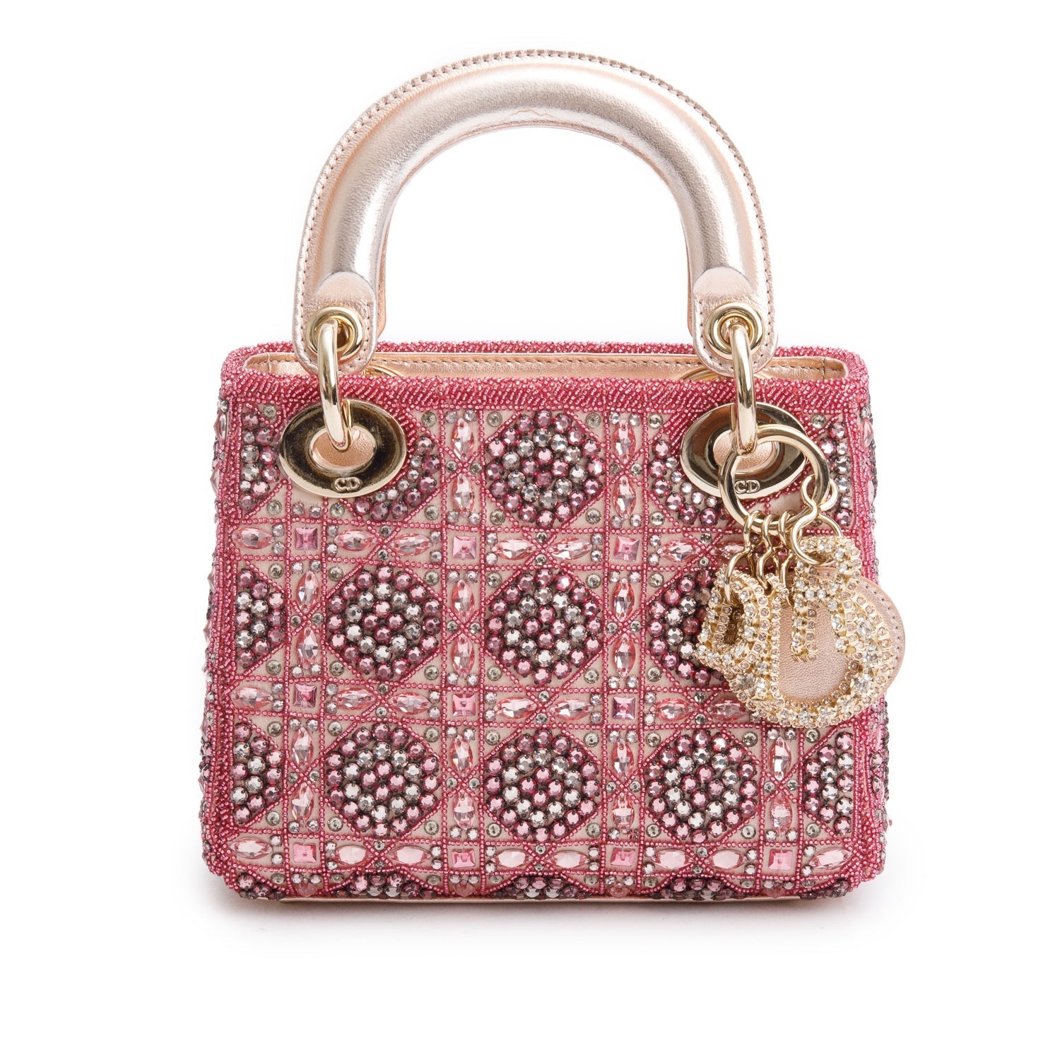 Christian Dior Pink Lambskin & Satin Embroidered Crystal Beads Mini Lady Dior Bag