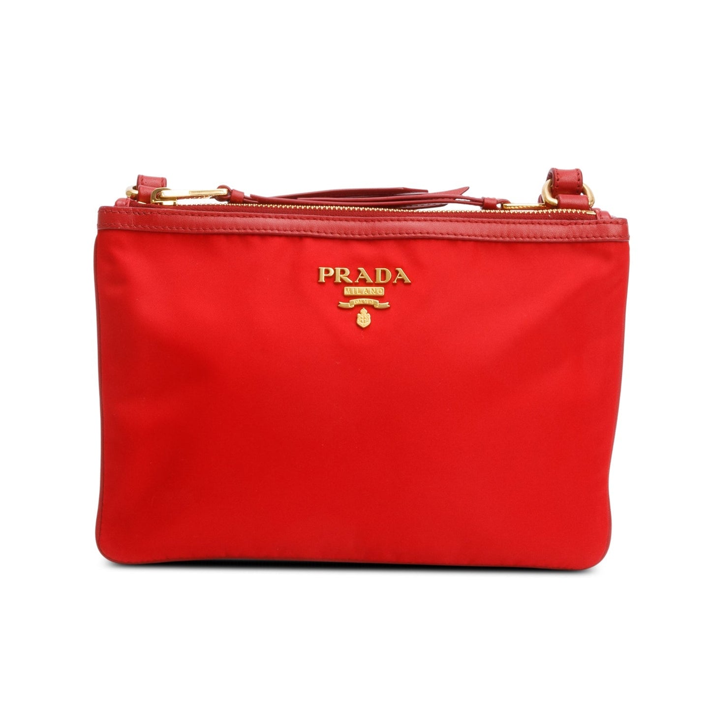 Prada Red Soft Calf Leather Tessuto Nylon Small Double Zip Crossbody Bag