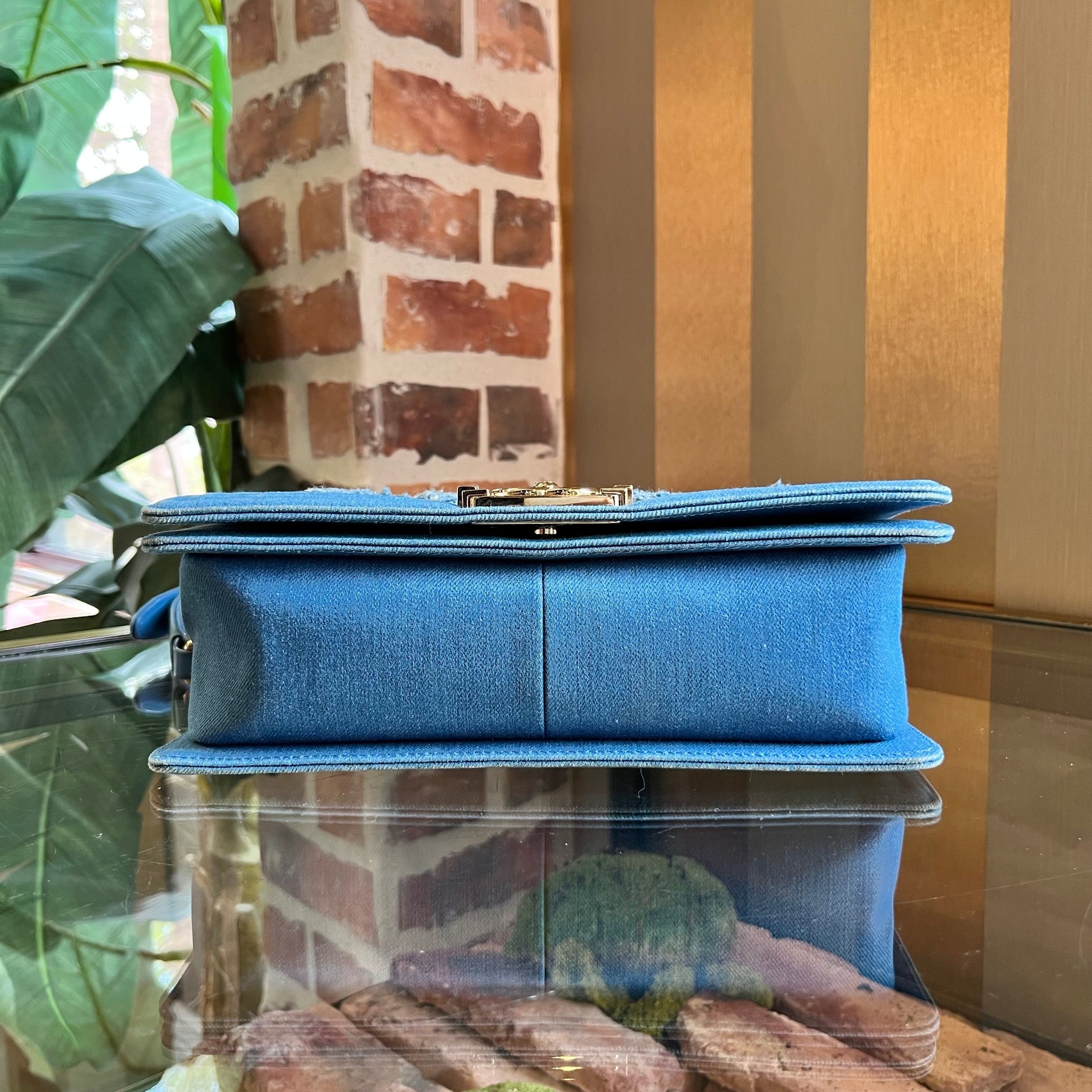CHANEL Boy Flap Medium Light Blue Denim Pleated Shoulder Bag