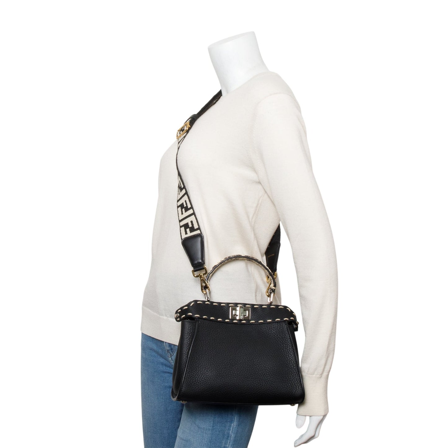 Fendi 2022 Black Calfskin Leather Python Trim Mini Selleria Peekaboo Bag