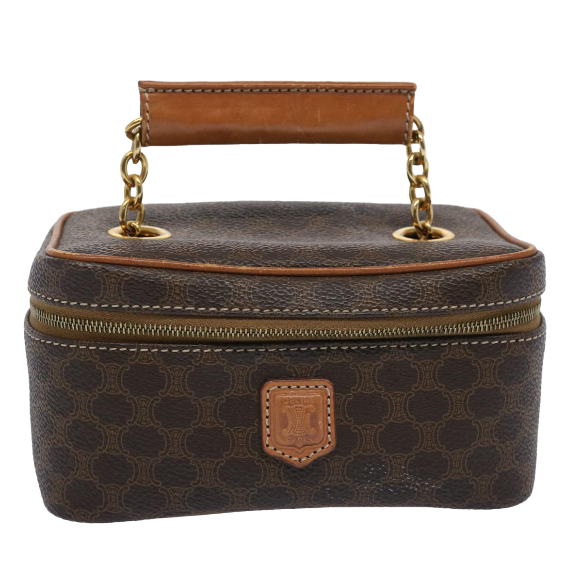 Luxury CELINE Macadam Canvas Vany Cosmetic Pouch PVC Leather Brown 62674