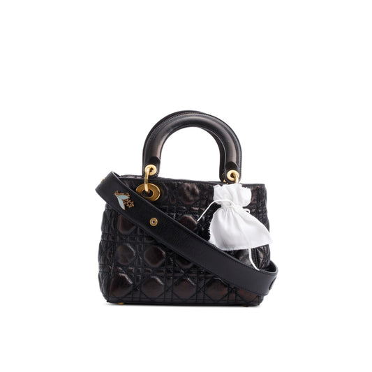 Christian Dior Black Cannage Crinkled Patent Leather Small Lucky Badges Lady Dior Bag