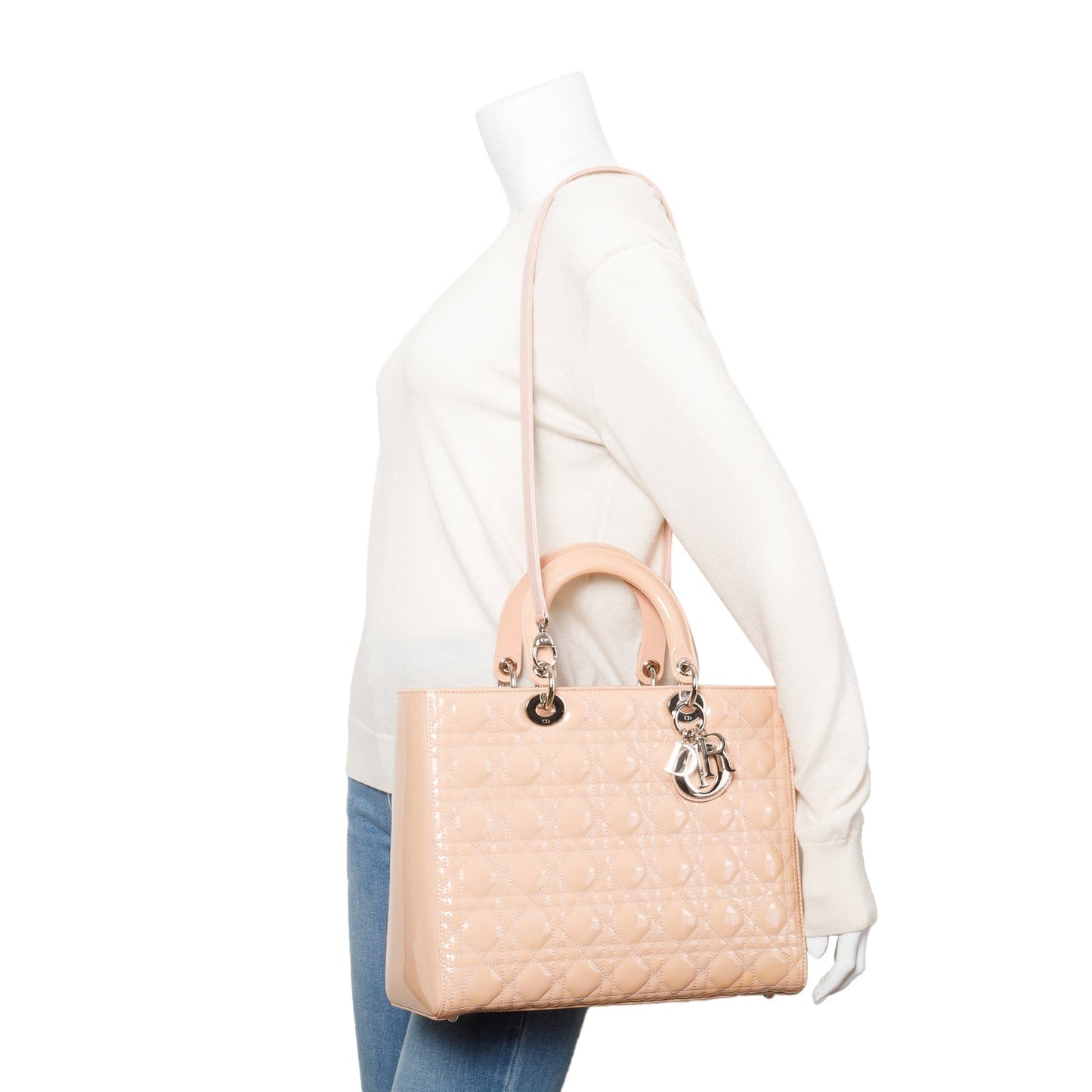 Christian Dior Beige Cannage Patent Leather Large Lady Dior Bag