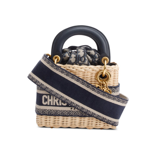 Christian Dior 2022 Wicker Navy Oblique Mini Lady Dior Bag