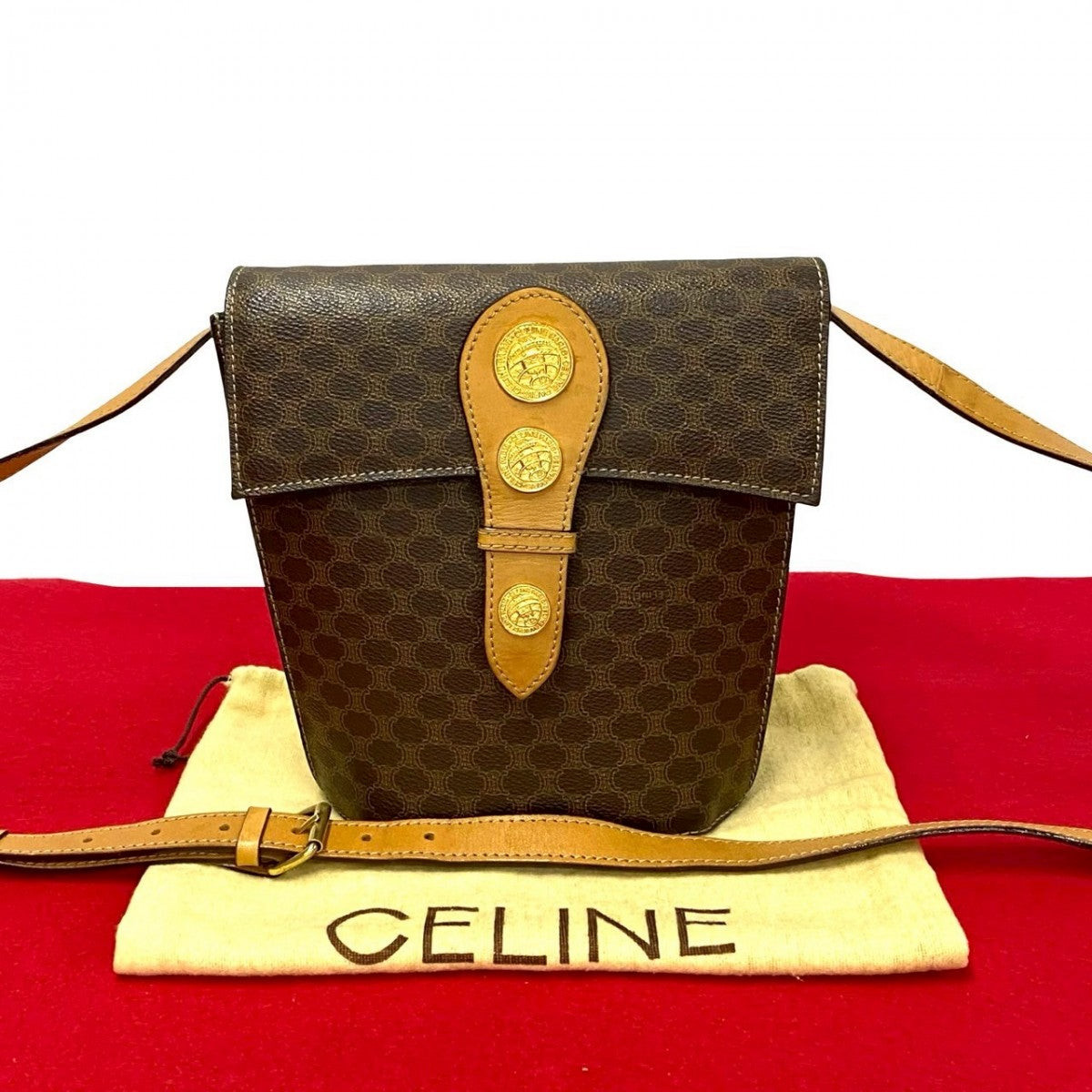 CELINE Shoulder Bag Leather, PVC Brown Macadam Blason Triomphe Pattern Medal Coin Motif Metal Women